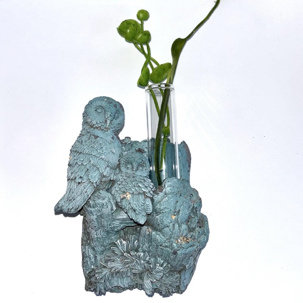 Vintage Resin Owls Wall Pocket Vase Verdigris Turquoise Blue Hanging Decor 6”